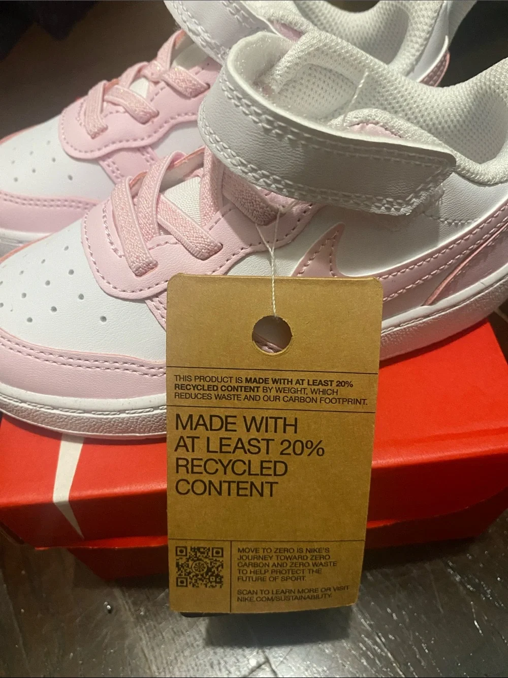 Nike Kids White and Light Pink Velcro Sneakers with Iridescent Swoosh
